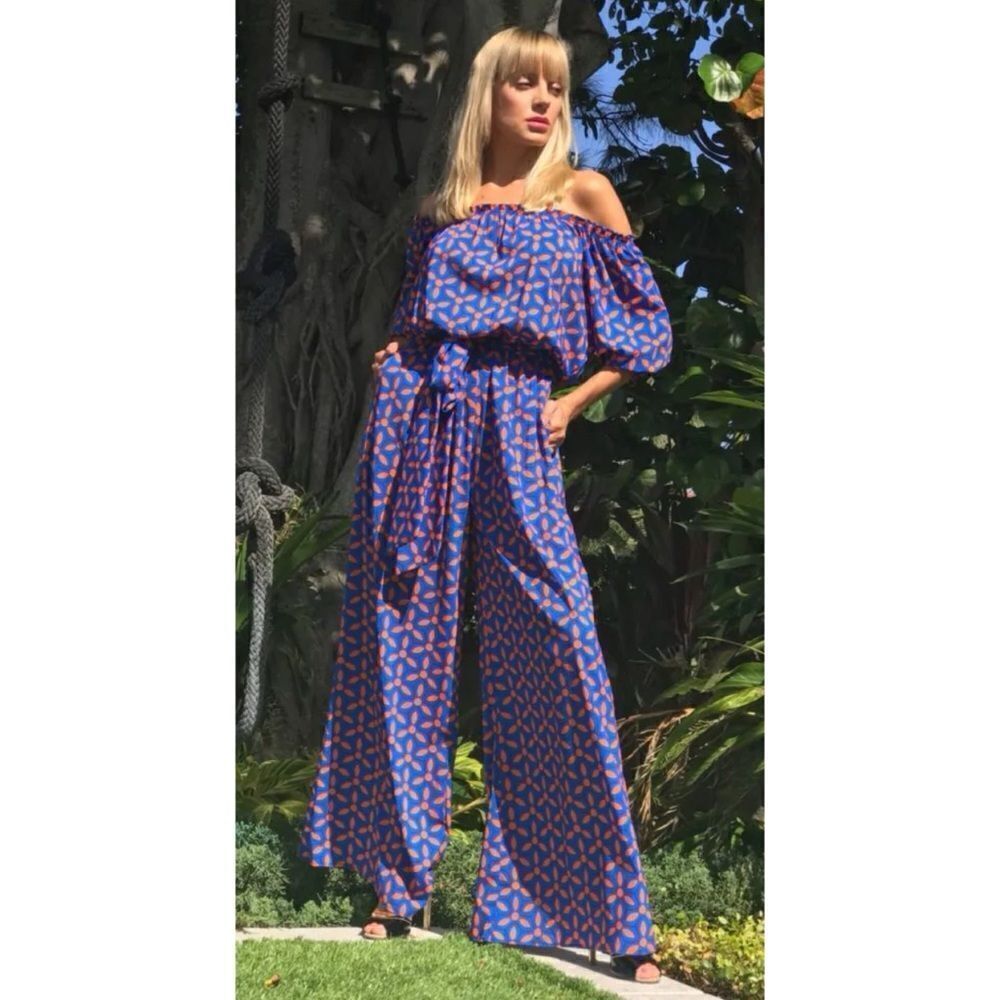 Kristina Mak Purple Silk Like Off Shoulders Jumpsuit Size M